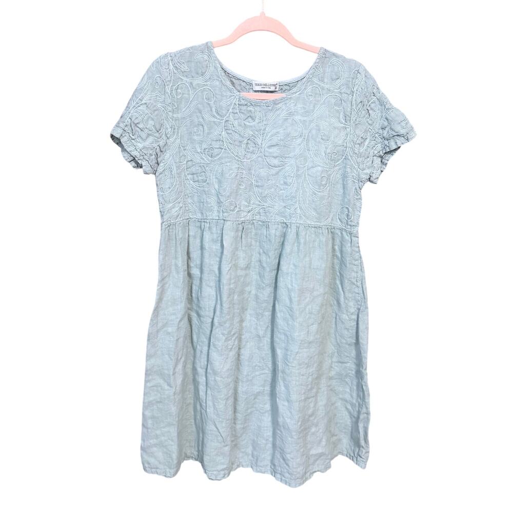 Terzo millenio light blue linen babydoll style dress embroidered medium Italy